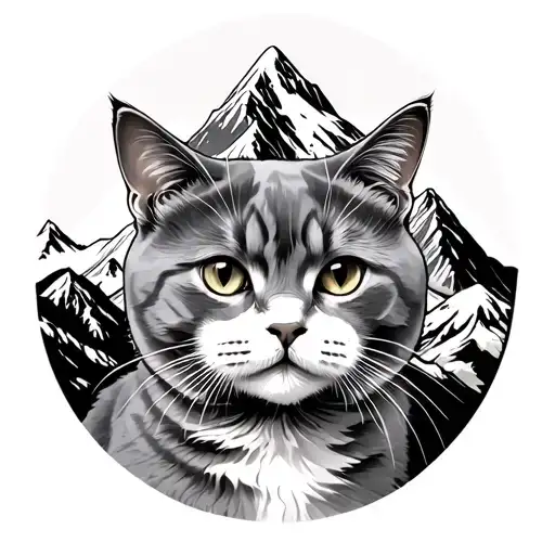 British shorthair cat infront mountain in background tattoo design idea