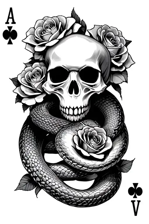 skull and roses rattle snake deck of card featuring tattoo design idea