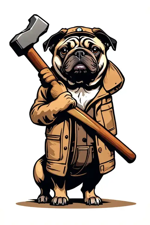 pug geologist holding a rock hammer tattoo design idea