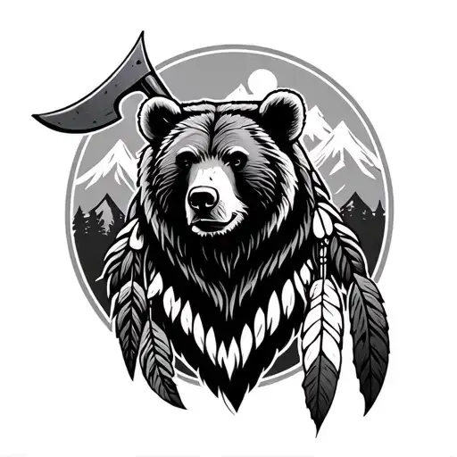 Bear, dream catcher, axe, mountains, Native American tribal tattoo design idea
