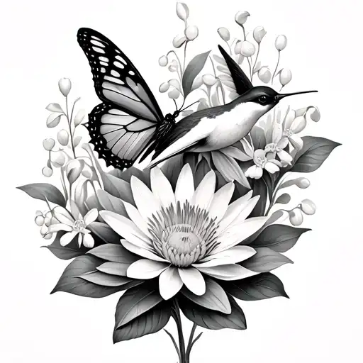 butterfly, hummingbird, water lily, daisy, lily of the valley tattoo design idea