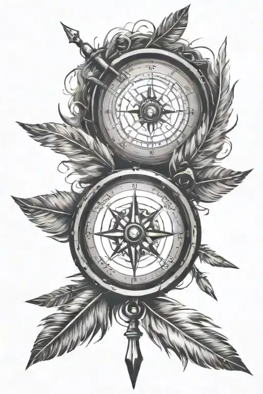 Compass and feathers tied to the arrow with ribbons tattoo design idea
