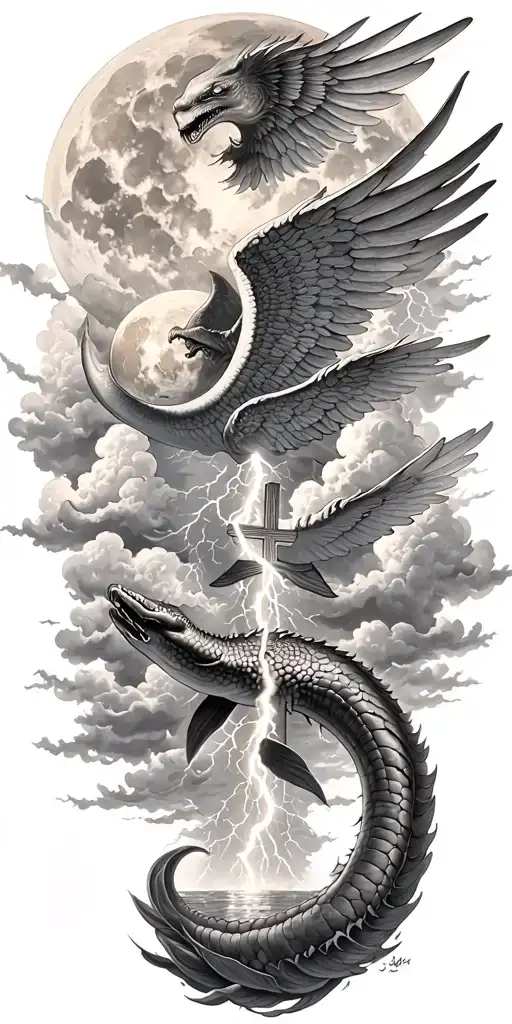 leviathan, typhoon, wings, clouds, , storm, lightning ,SUN,MOON,HOLY CROSS tattoo design idea