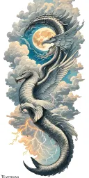 leviathan, typhoon, wings, clouds, , storm, lightning ,SUN,MOON,HOLY CROSS tattoo design idea