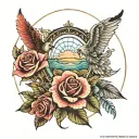 arco e sete folhas ao redor tattoo design idea