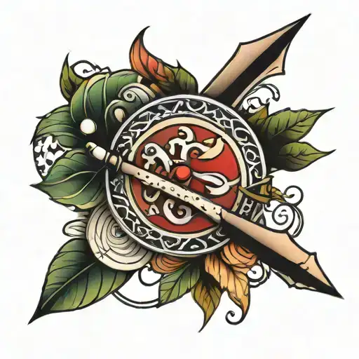 arco e flecha com folhas ao redor tattoo design idea