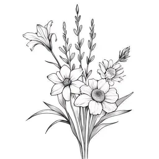 draw me a fine line tattoo of gladiolus, larkspur, daffodil, carnation, and aster in a bunch tattoo design idea