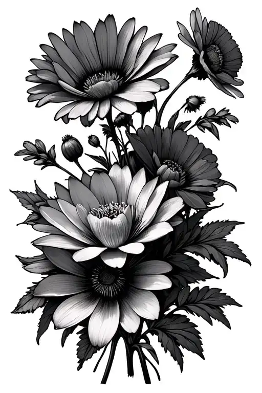 Daisy, aster, water lily, poppy bouquet fine line tattoo design idea