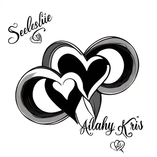 infinity sign tattoo design with hearts, with three names, Seleslie, Aaliyah, And Kris.  tattoo design idea