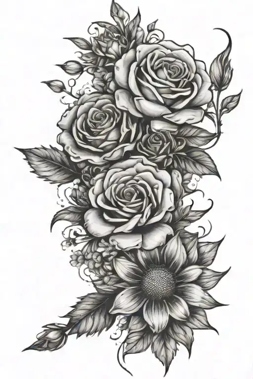 roses, daisys, marigolds, aster flower tattoo design idea