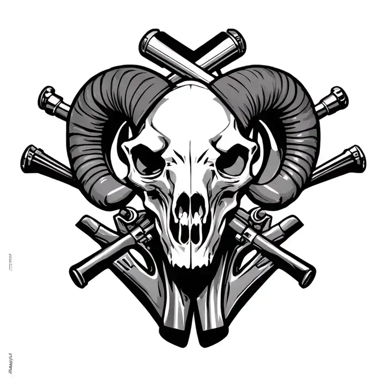 ram skull with a carl gustav rockwt launcher and .59 cal crossed behind it like it was a jolly roger tattoo design idea
