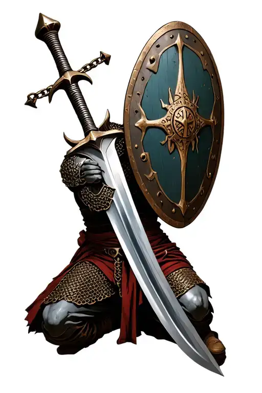 Viking shield and sword. with chain mail fading into Viking ruins down the arm knight kneeling below  tattoo design idea