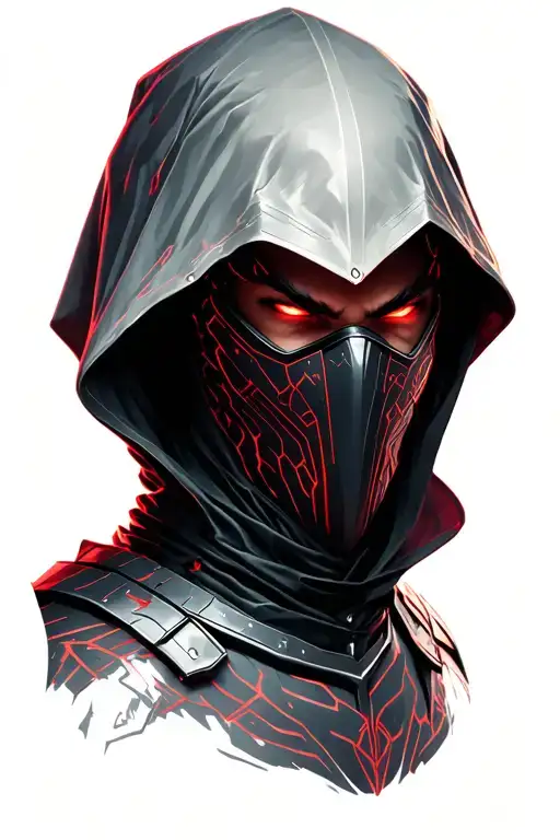 “A hooded AI assassin with sharp glowing lines on his armor, dark steel mask, red holographic eye scan, standing on top  tattoo design idea