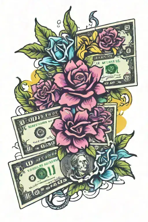 dollar bill and flowers tattoo design idea