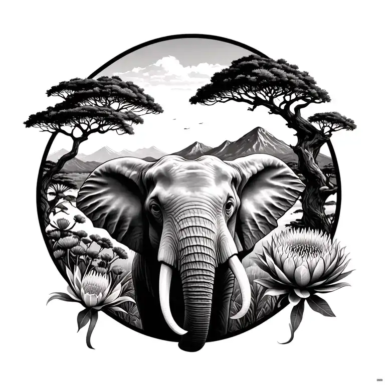 Elephant head, acacia tree, protea flowe, spingbok, table mountain, South Afica landscape tattoo design idea