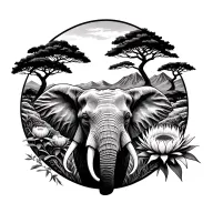Elephant head, acacia tree, protea flowe, spingbok, table mountain, South Afica landscape tattoo design idea