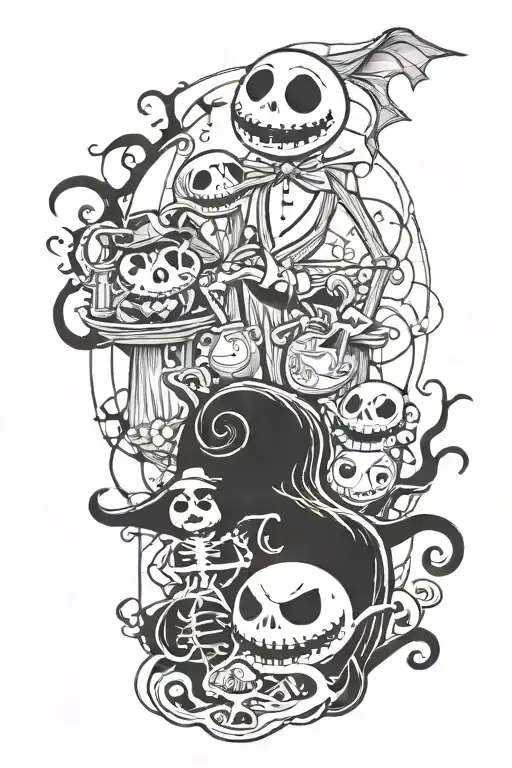 nightmare before christmas with jack, oogie boogie and lock shock and barrel tattoo design idea
