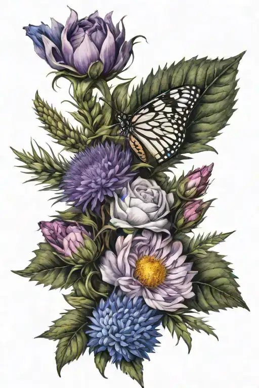 purple heather, english rose, blue cornflower, thistle, daisy tattoo design idea