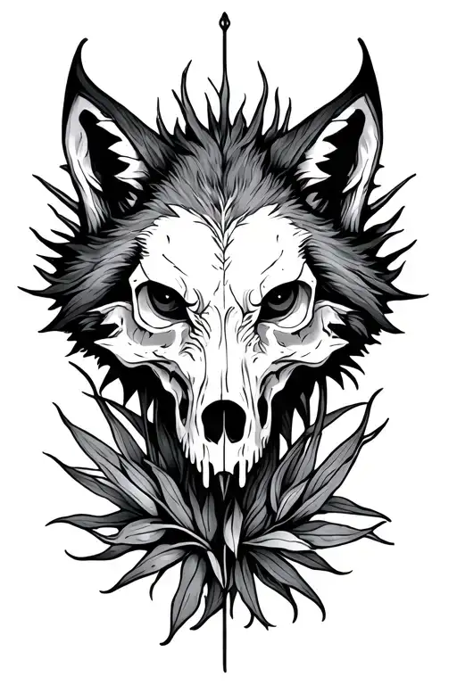 Wolf skull tattoo, fine line art, ghibli style with spines plant  tattoo design idea