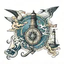lighthouse, compass, nautical chart, waves, anchor tattoo design idea