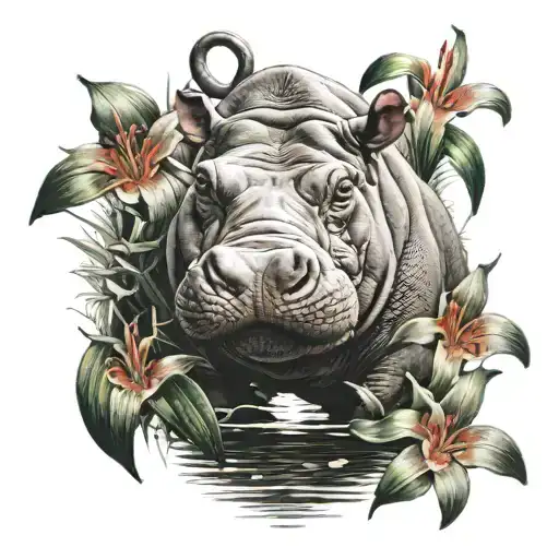 hippo surrounded by tiger lilies tattoo design idea