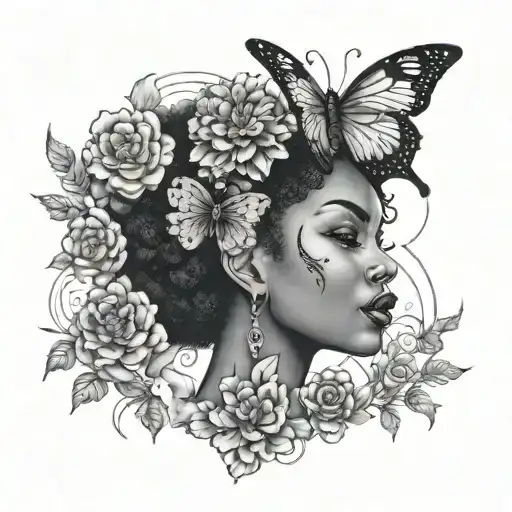 meaningful creative tattoo with butterflies and flowers with a black Afro queen with clouds surrounding it with a meanin tattoo design idea