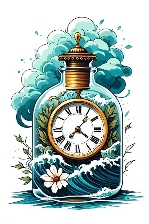 time in a bottle with clock and storm clouds inside and waves with Hoya flowers around the bottle tattoo design idea