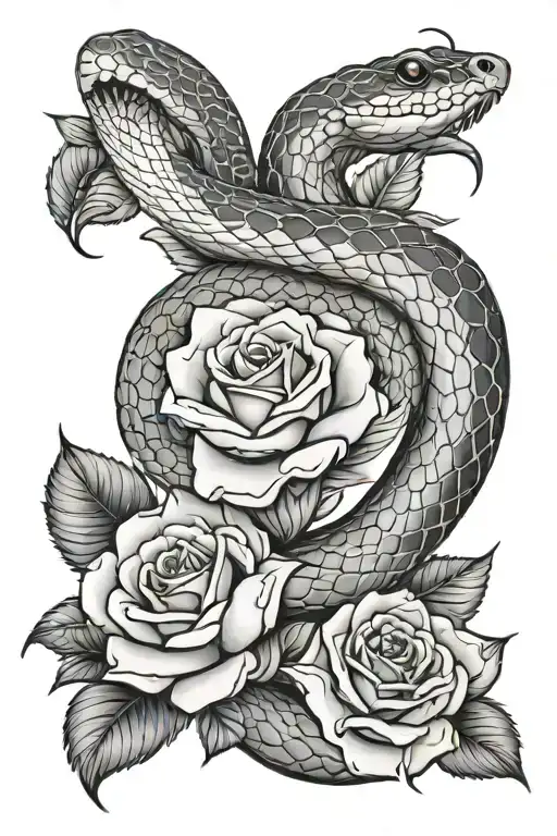 snake ans roses blooming tattoo design idea