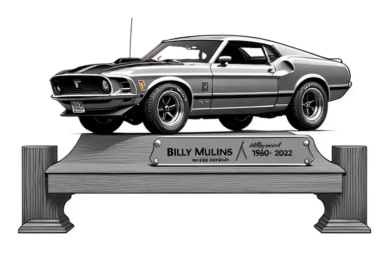 Line work of a 1973 mustang on a trophy base with the words Billy Mullins 1960-2022 plaque on a floating shelf sideways tattoo design idea