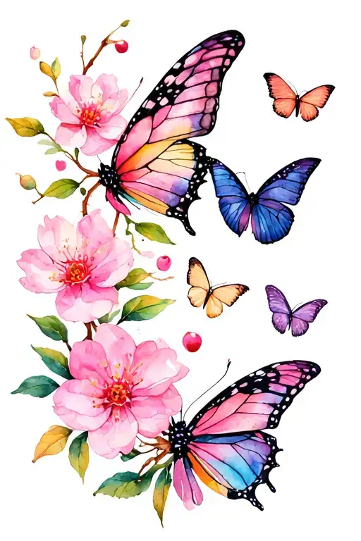 butterflies and cherry blossom flowers tattoo design idea