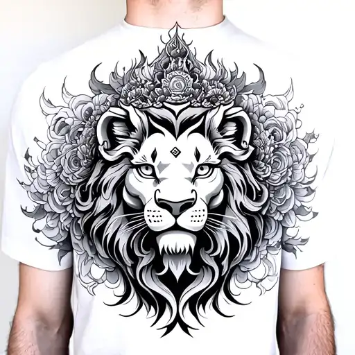 a black and white chest tattoo of a Buddhist lion and Buddhist imagery  tattoo design idea