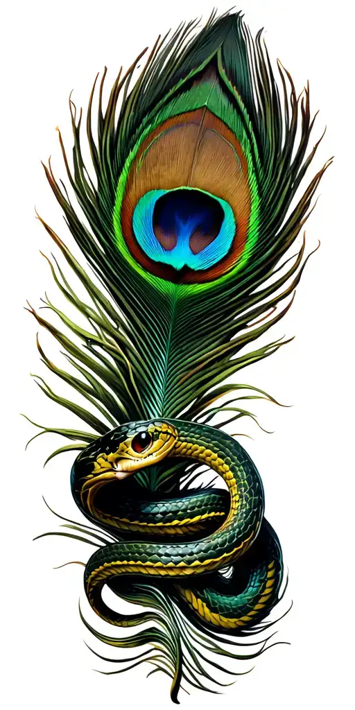 snake wrapping around and a peacock feather tattoo design idea
