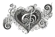 Treble clef bass clef heart at beginning of music lines tattoo design idea