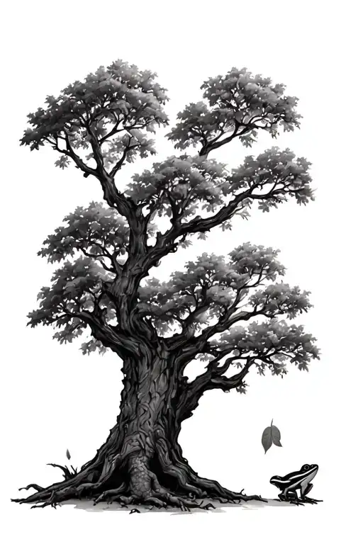 Live Oak Tree with a frog on the ground and a single leaf falling down tattoo design idea