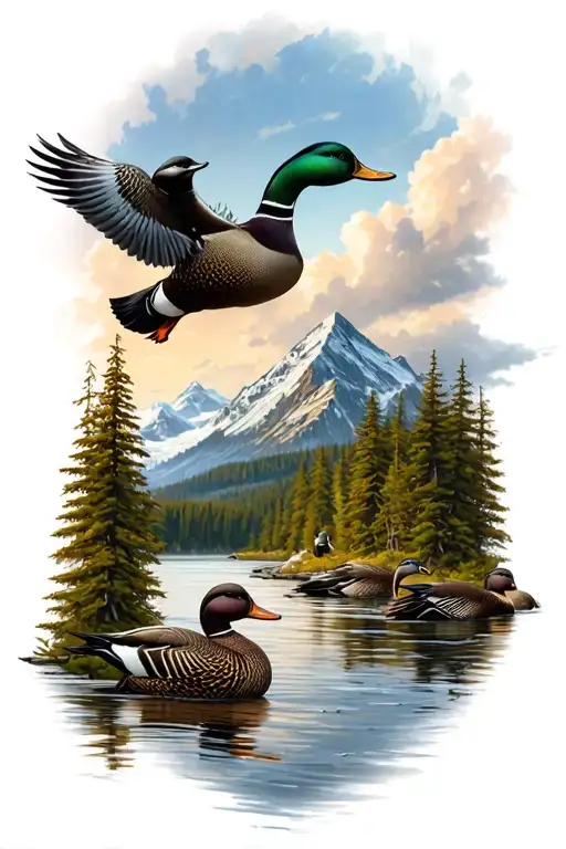 a detailed mountain forest landscape with a flowing river into a lake, and mallard ducks resting with loons flying   tattoo design idea