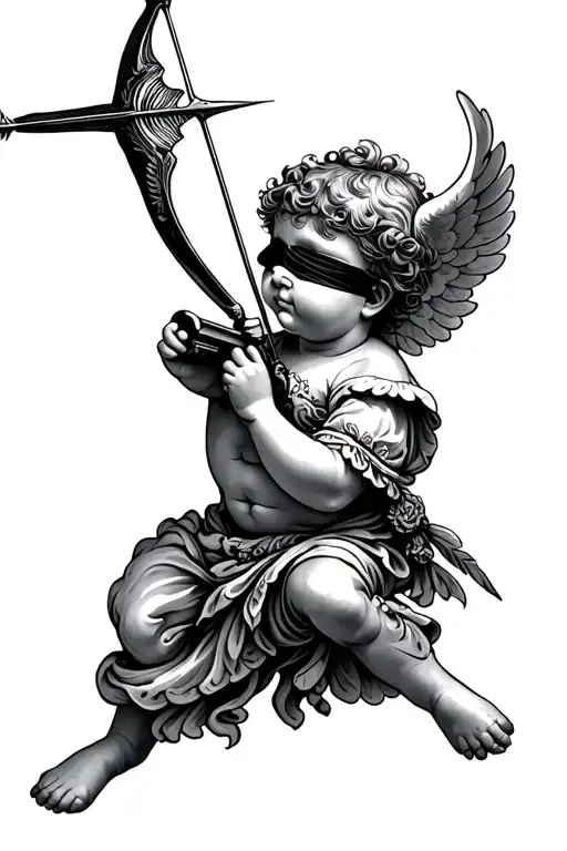cherub with blindfold shooting arrow not very fat tattoo design idea