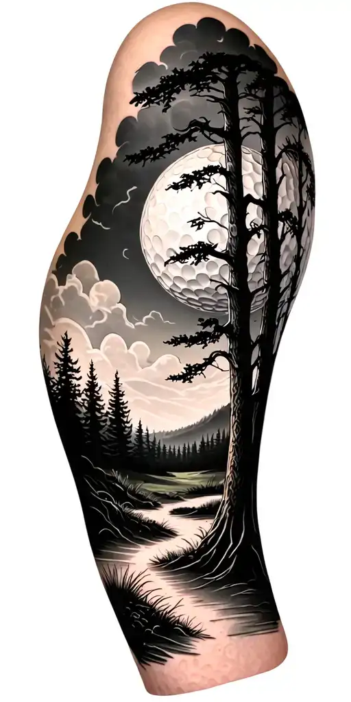 creepy forest scene with black sky golf course golf ball tattoo design idea
