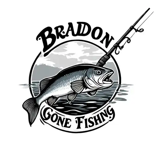 text saying bradon gone fishing with a fish and rod hooked on to the fish with a realistic look tattoo design idea