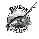 text saying bradon gone fishing with a fish and rod hooked on to the fish with a realistic look tattoo design idea