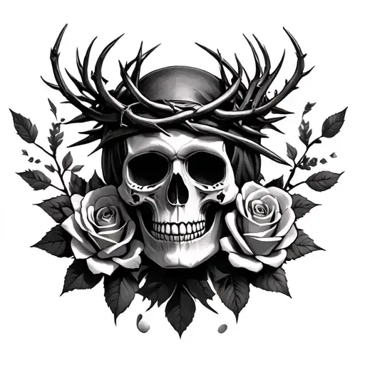 realistic sant muerta skull with thorn crown and small roses all over  tattoo design idea