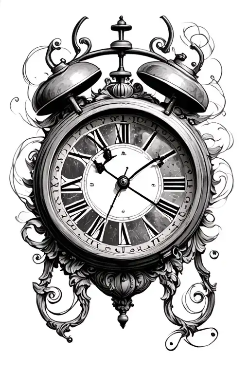 A highly detailed black-and-white tattoo-style illustration of an old analog clock. Inside the face of the clock is a “c tattoo design idea