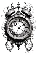 A highly detailed black-and-white tattoo-style illustration of an old analog clock. Inside the face of the clock is a “c tattoo design idea