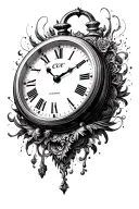 A highly detailed black-and-white tattoo-style illustration of an old analog clock. Inside the face of the clock is a “c tattoo design idea