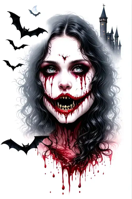 gothic vampire girl with blood dripping from fangs in the fog with moonlit castle and bats in the air with trees tattoo design idea