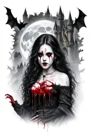 gothic vampire girl with blood dripping from fangs in the fog with moonlit castle and bats in the air with trees tattoo design idea