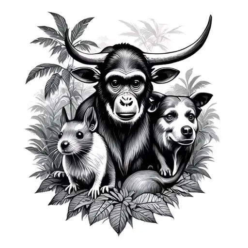 monkey, rat, dog, and ox surrounded by lush forest scene tattoo design idea