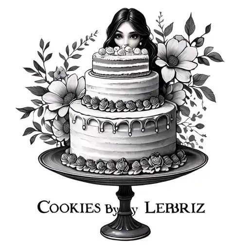 "Cookies by Lebriz" A whimsical cake with intricate floral designs intertwined, incorporating a girl holding cake in a tray tattoo design idea