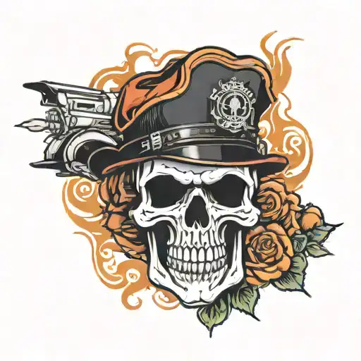 skull with fire fighter hat, roses and Harley Davidson jacket tattoo design idea