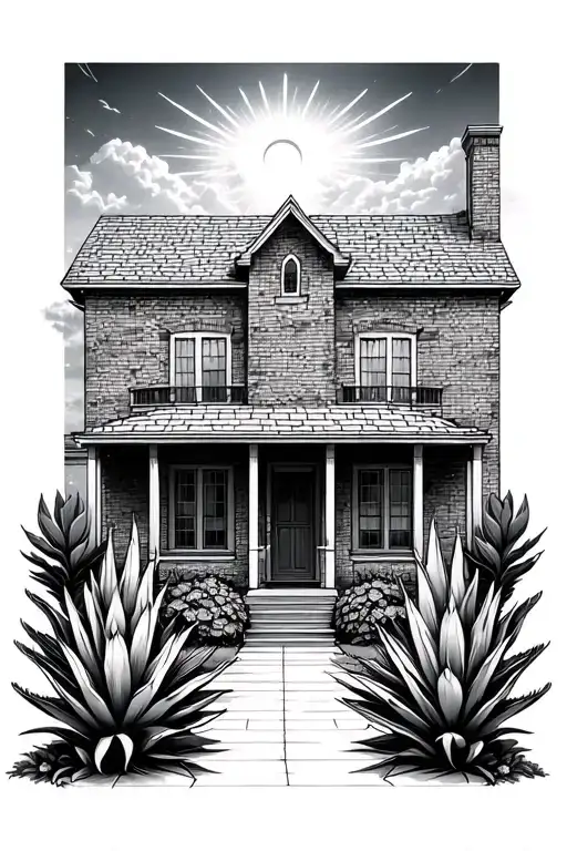half built brick house with agave plant along both sides with heaven sky tattoo design idea