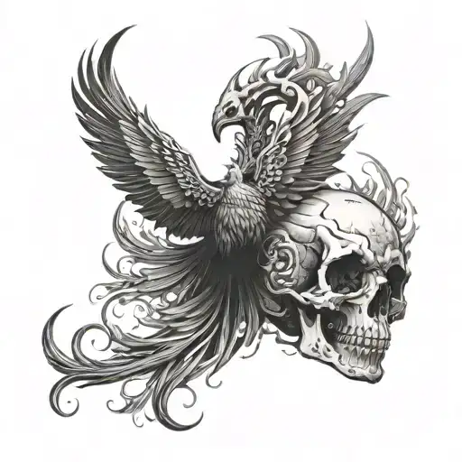 realistically, a phoenix wrapped in flames circles over a skull with a blackwork tattoo design idea